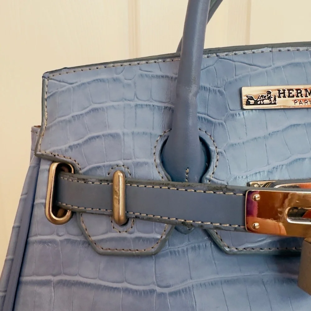 Light Blue Croc-Embossed Satchel with Detachable Strap